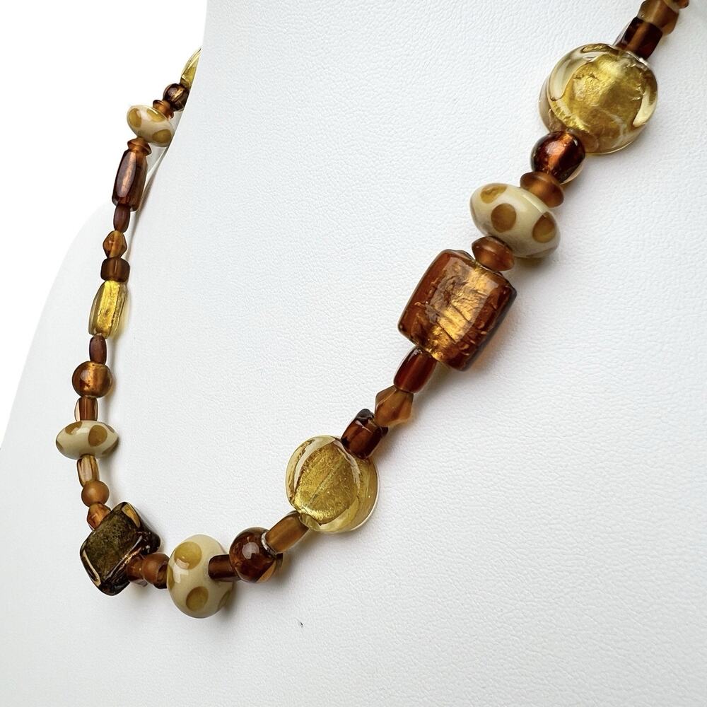 Beaded Necklace Retro Honey Gold Brown Resin Foil Translucent Glow Artsy Vintage